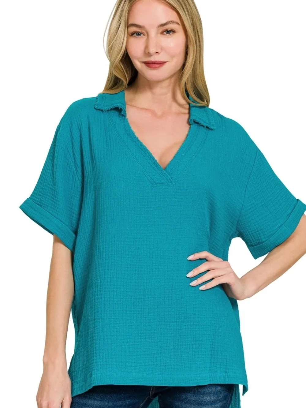 Zenana Teal Double Gauze Collard High Low Tunic NWOT